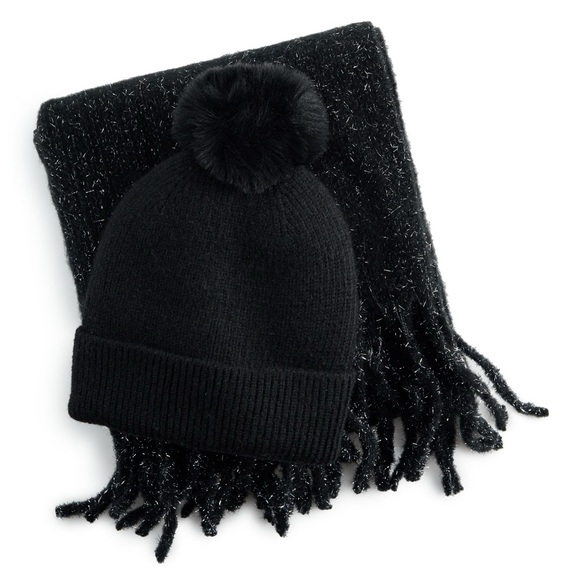 madden girl 2-Piece Black Tinsel Weave Oblong Scarf & Pom Pom Beanie Gift Set - Picture 2 of 5
